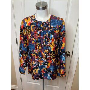 LA DoubleJ Bold Floral Ruffle Front Long Sleeve Silk Satin Top $720, Size XS